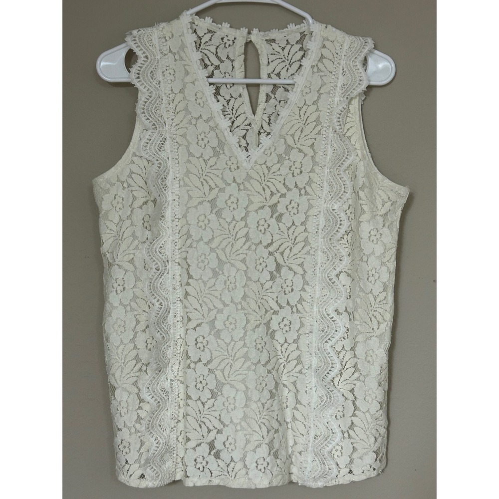 SHEIN Floral Lace Sleeveless V-Neck Blouse Cream Ivory Scalloped Trim Top Large
